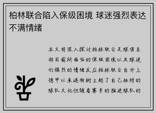 柏林联合陷入保级困境 球迷强烈表达不满情绪 柏林联合陷入保级困境 球迷强烈表达不满情绪